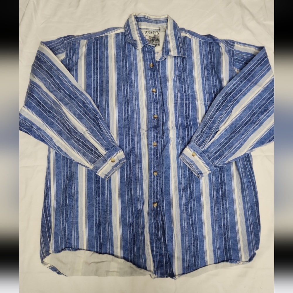 Andrew's blues men's size large blue striped button shirt #X3